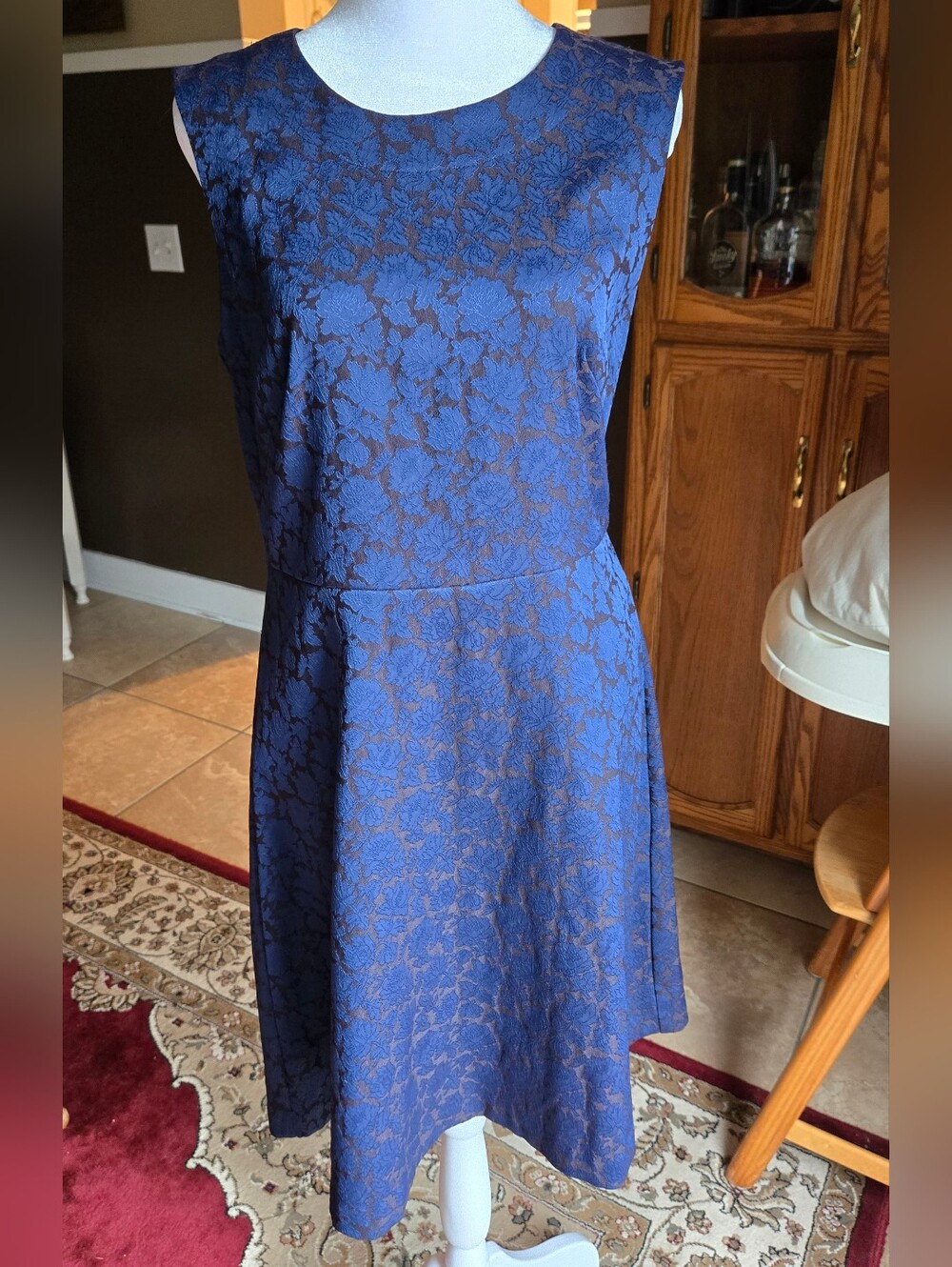 Ann Taylor Navy and Black Floral Jacquard Sleeveless Fit-and-Flare Dress